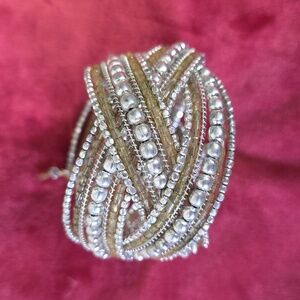 Vintage Silver & Gold Tone Memory Wire Glass Seed Beaded Woven Cuff Bracelet